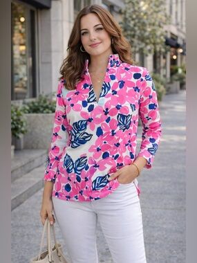 457 Mahi Gold Pink Blue Floral Top XS Preppy Bright Long Sleeve Blouse